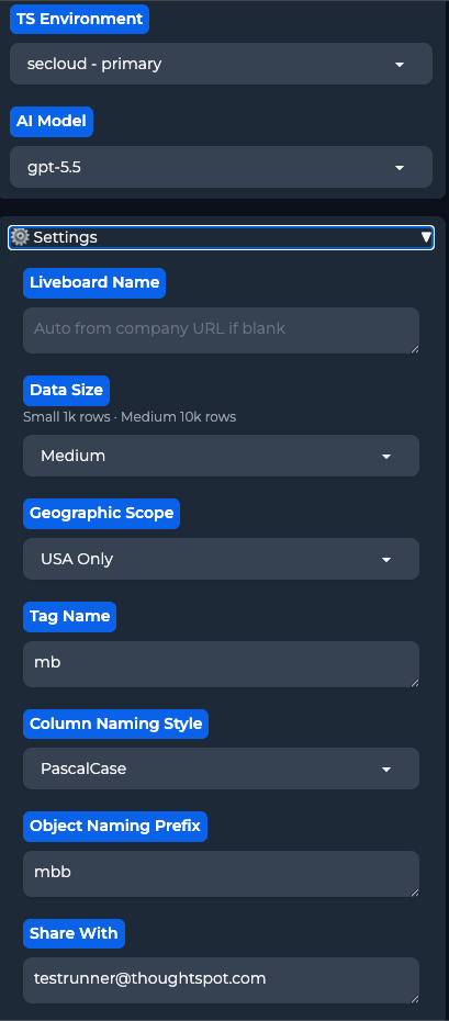 Right panel — TS Environment, AI Model, Liveboard Name, Pipeline Progress